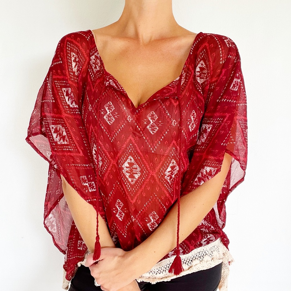 Hollister sheer maroon tribal print poncho style tunic blouse size XS